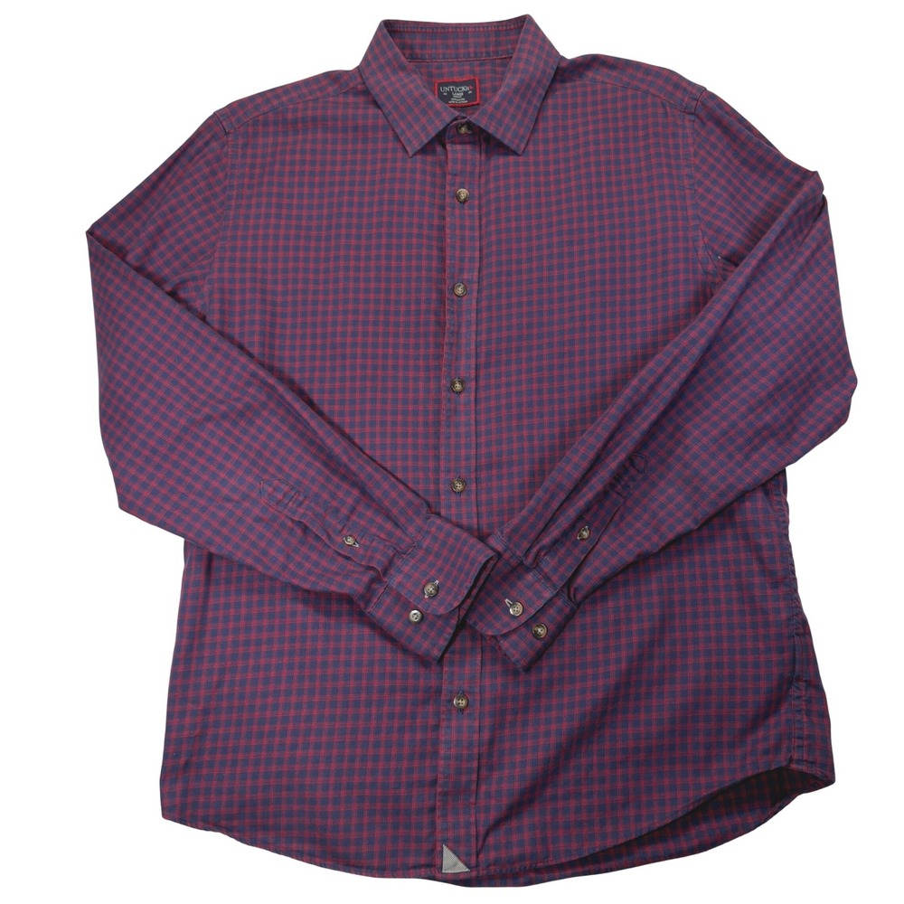 UNTUCKit Button Down Shirt Mens L Slim Fit Plaid Cotton Long Sleeve Navy Red - Picture 2 of 7